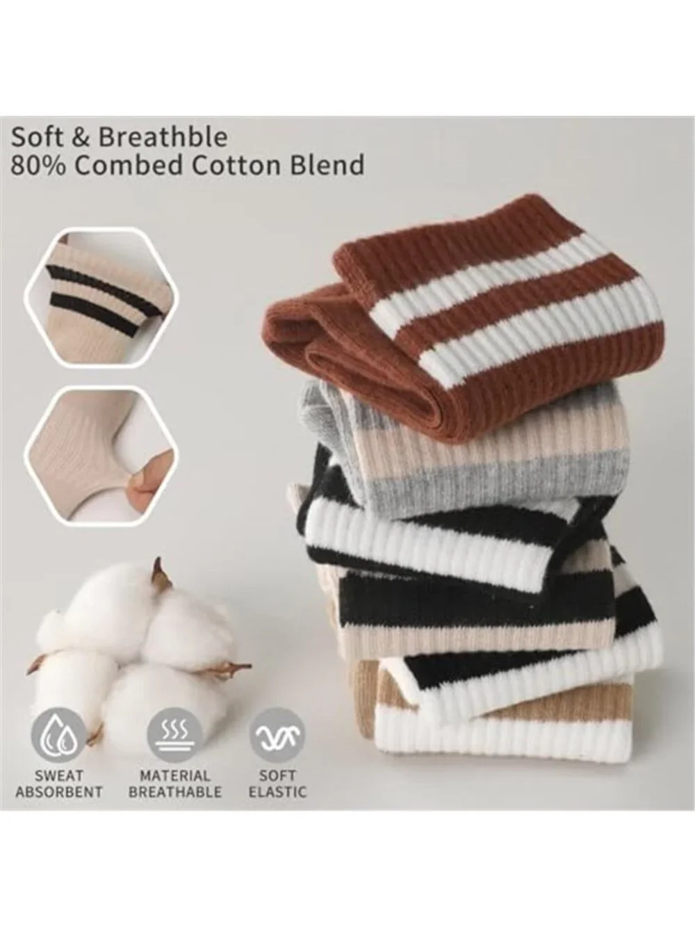 6Pairs Crew Socks for Women Cotton Striped Socks